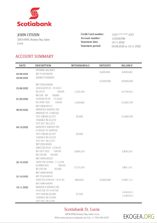 Relevé bancaire de la Banque Scotia de Sainte Lucie